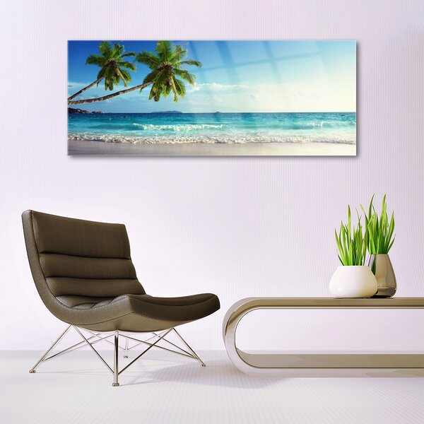 Tablou pe sticla Palm Trees Sea Beach Peisaj Brun Verde Gri Albastru