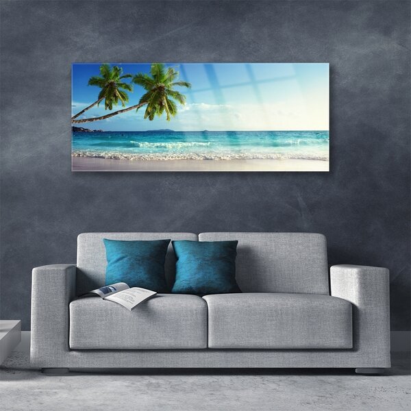 Tablou pe sticla Palm Trees Sea Beach Peisaj Brun Verde Gri Albastru