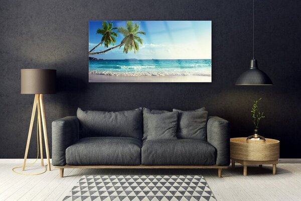Tablou pe sticla Palm Trees Sea Beach Peisaj Brun Verde Gri Albastru