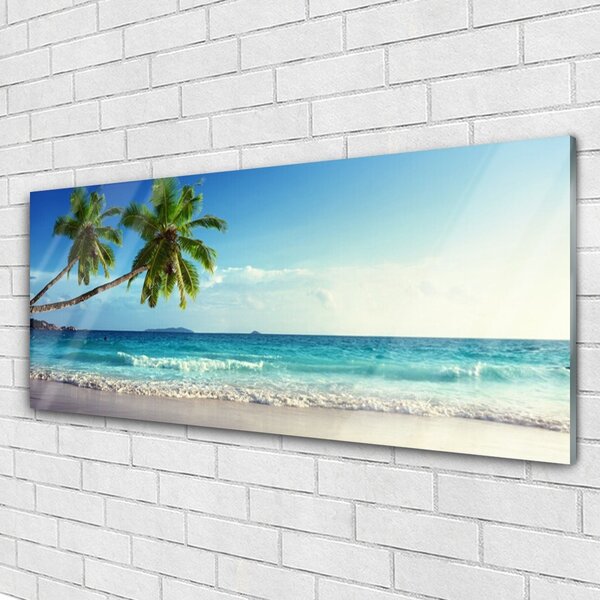 Tablou pe sticla Palm Trees Sea Beach Peisaj Brun Verde Gri Albastru