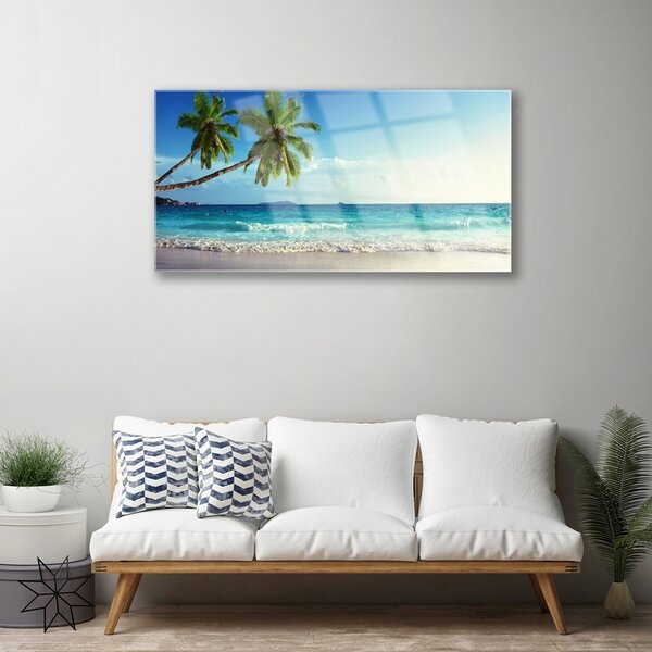 Tablou pe sticla Palm Trees Sea Beach Peisaj Brun Verde Gri Albastru