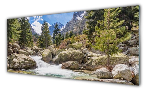 Panou sticla bucatarie Mountain Stones Lake Forest Natura Gri Maro Verde Alb
