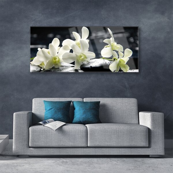 Tablou pe sticla Pietre florale flori alb negru