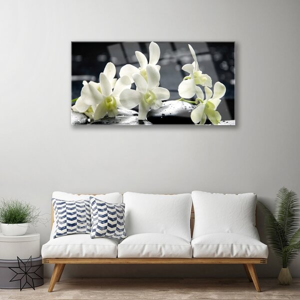 Tablou pe sticla Pietre florale flori alb negru