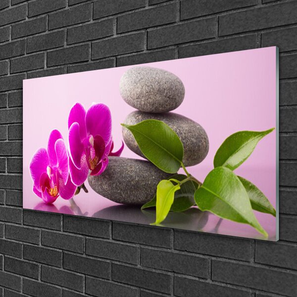 Tablou pe sticla Pietrele florale flori roz gri