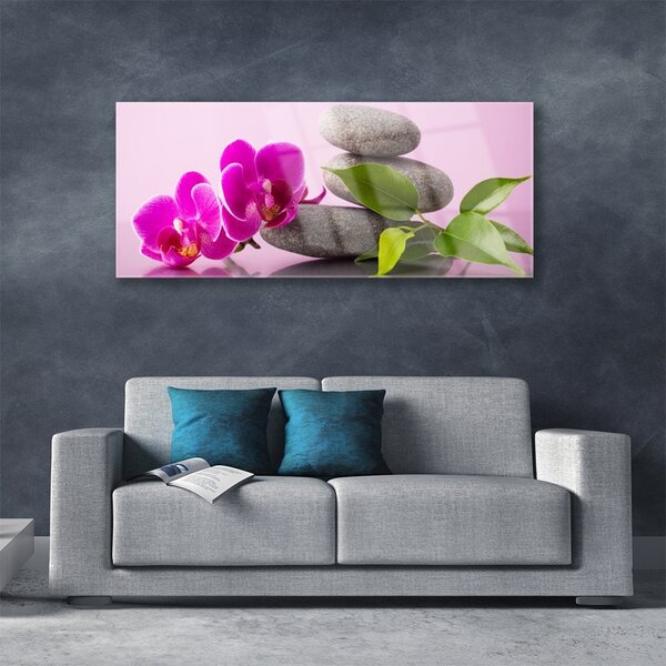Tablou pe sticla Pietrele florale flori roz gri