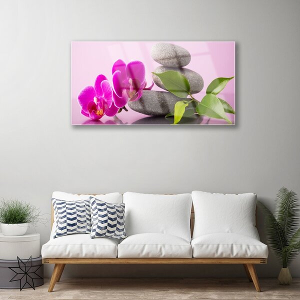 Tablou pe sticla Pietrele florale flori roz gri