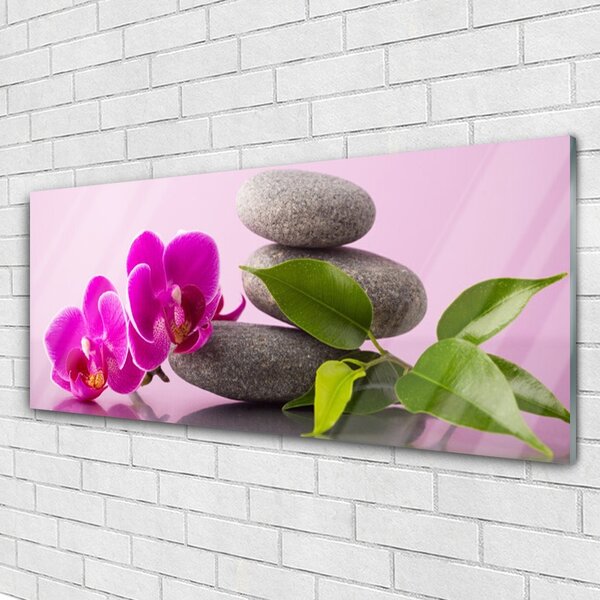Tablou pe sticla Pietrele florale flori roz gri