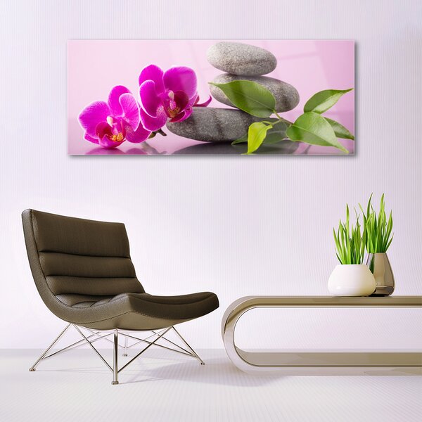 Tablou pe sticla Pietrele florale flori roz gri