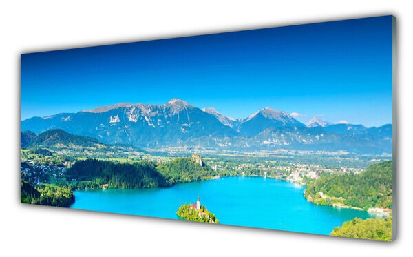 Tablou pe sticla Mountain Lake Peisaj Gri Albastru Verde
