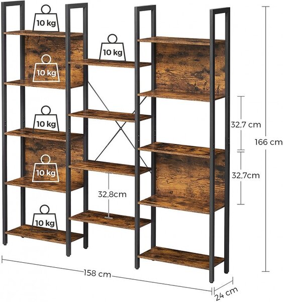 Biblioteca cu rafturi Model Lauren, Maro rustic/Negru, 158x24x166 cm