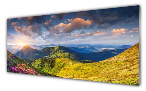 Tablou pe sticla Munte Sun Meadow Peisaj Galben Gri Albastru Verde