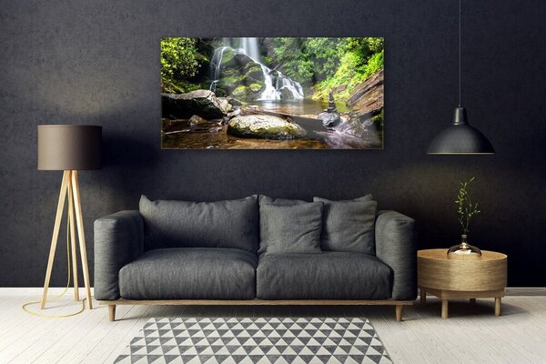 Tablou pe sticla Cascada Pietre Natural Pădurea Verde Brun Alb