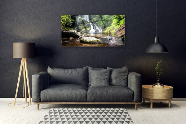 Tablou pe sticla Cascada Pietre Natural Pădurea Verde Brun Alb