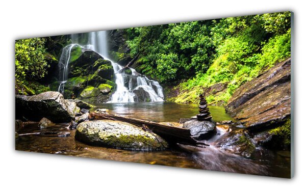 Tablou pe sticla Cascada Pietre Natural Pădurea Verde Brun Alb
