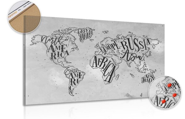 Tablou pe plută harta modernă a lumii pe un fundal vintage în design alb-negru