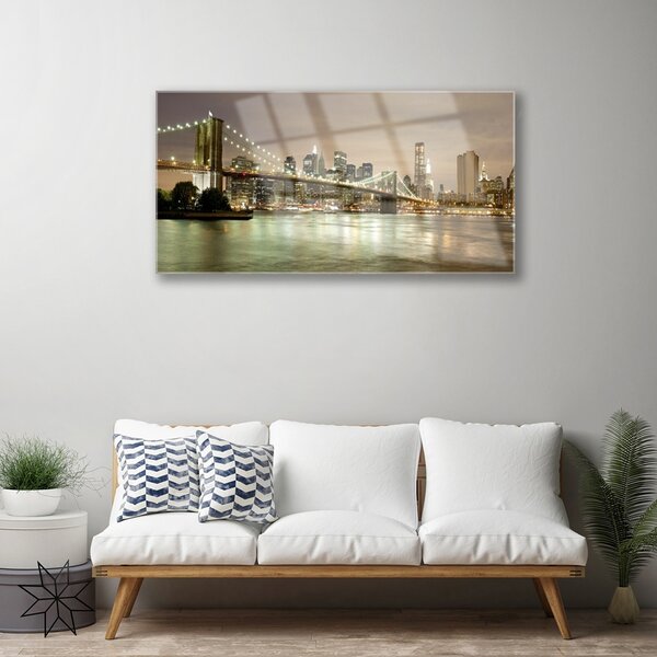 Tablou pe sticla Bridge City Sea Arhitectura Gri Galben