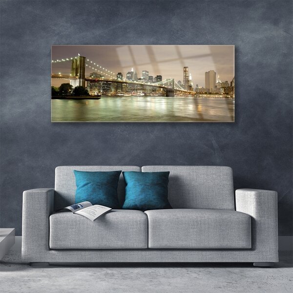Tablou pe sticla Bridge City Sea Arhitectura Gri Galben