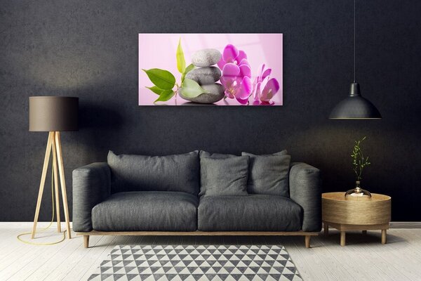 Tablou pe sticla Pietrele de flori Frunze Floral Roz Gri Verde