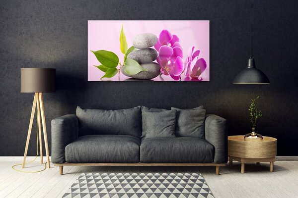 Tablou pe sticla Pietrele de flori Frunze Floral Roz Gri Verde