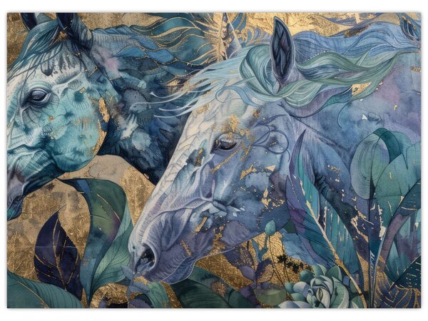 Tablou - Cai cu fundal auriu (70x50 cm)
