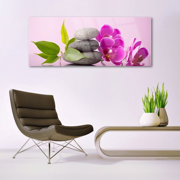 Tablou pe sticla Pietrele de flori Frunze Floral Roz Gri Verde