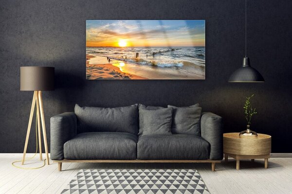 Tablou pe sticla Sun Sea Beach Peisaj Galben Albastru Maro