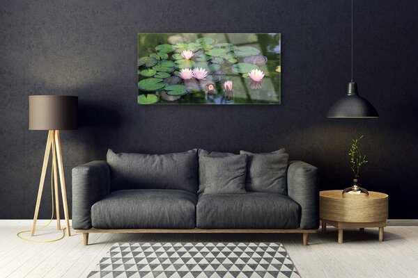 Tablou pe sticla Lacul Petale Floral Roz Verde