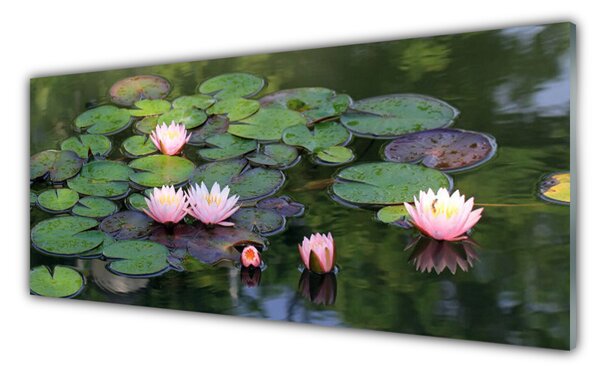 Tablou pe sticla Lacul Petale Floral Roz Verde