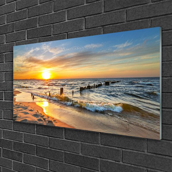Tablou pe sticla Sun Sea Beach Peisaj Galben Albastru Maro
