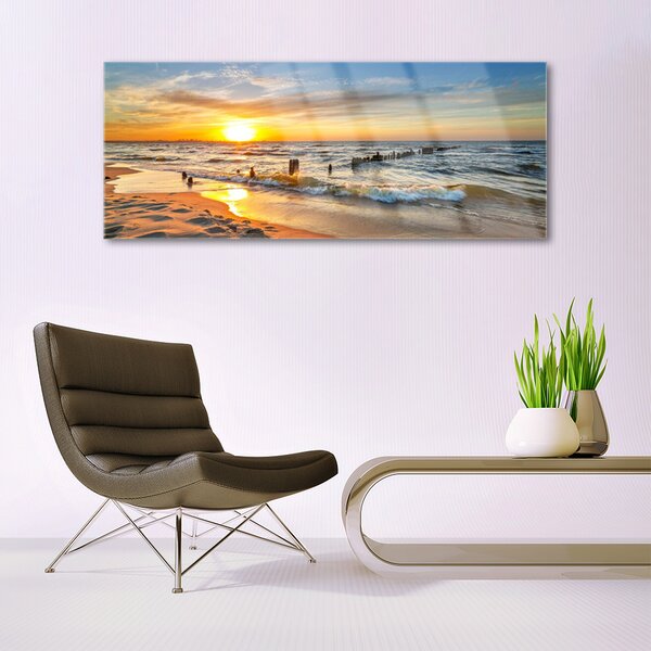 Tablou pe sticla Sun Sea Beach Peisaj Galben Albastru Maro