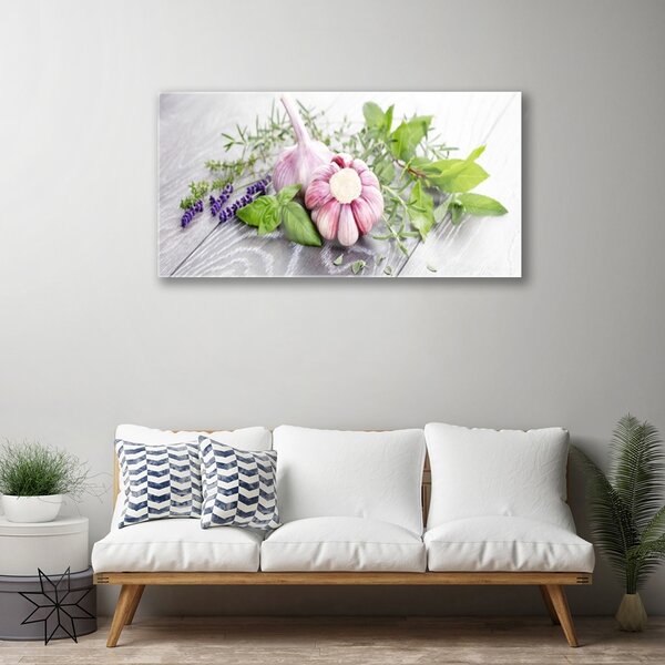 Tablou pe sticla Usturoi Frunze florale flori Purple Verde Maro