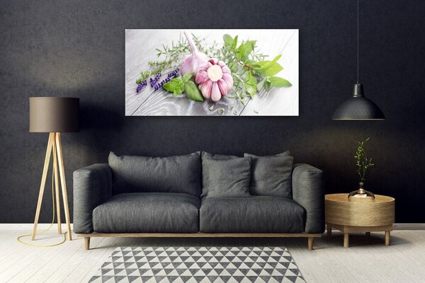 Tablou pe sticla Usturoi Frunze florale flori Purple Verde Maro