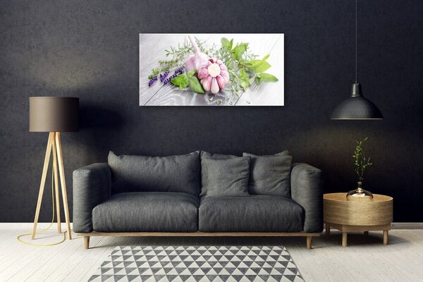 Tablou pe sticla Usturoi Frunze florale flori Purple Verde Maro