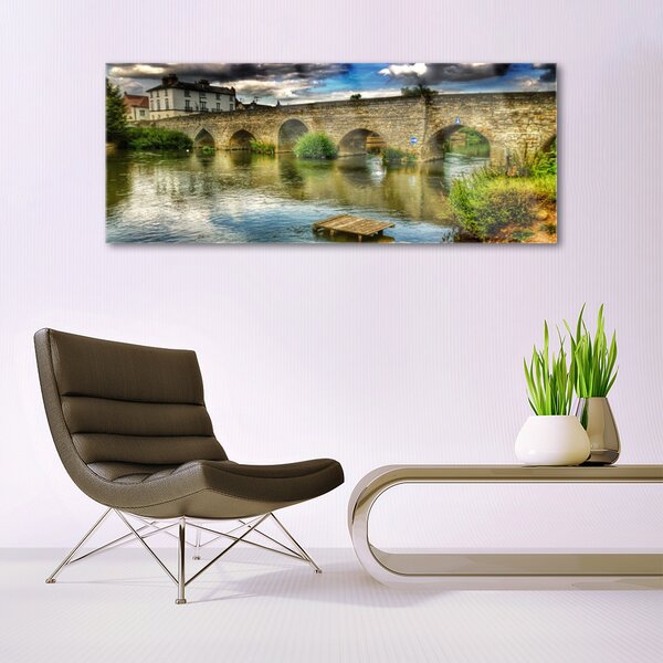 Tablou pe sticla Lacul Podul Arhitectura Brun Verde