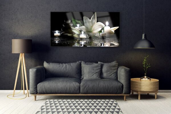 Tablou pe sticla Pietre de flori Lumanari Art Negru Alb Galben