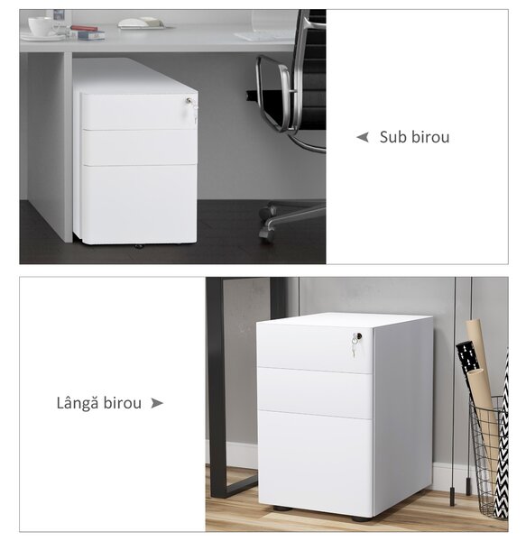 Vinsetto Fiset Metalic cu 3 Sertare și Sistem de Blocare, Mobilier de Birou pe Roti, 39x48x59cm, Design Compact, Alb | Aosom Romania