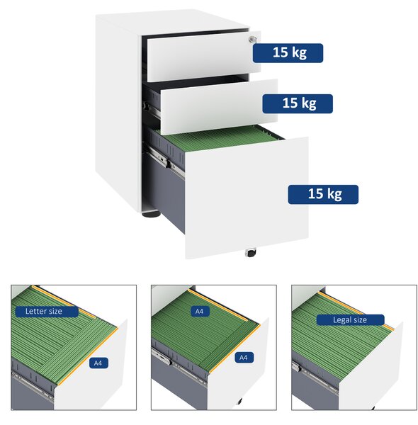 Vinsetto Fiset Metalic cu 3 Sertare și Sistem de Blocare, Mobilier de Birou pe Roti, 39x48x59cm, Design Compact, Alb | Aosom Romania