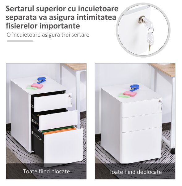 Vinsetto Fiset Metalic cu 3 Sertare și Sistem de Blocare, Mobilier de Birou pe Roti, 39x48x59cm, Design Compact, Alb | Aosom Romania