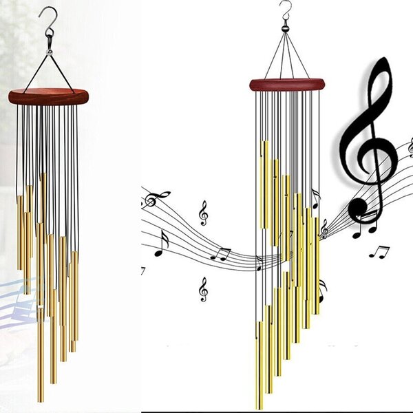 Clopotel de vant cu 12 mini tuburi sonore metalice aurii pentru casa sau gradina, model Feng-Shui
