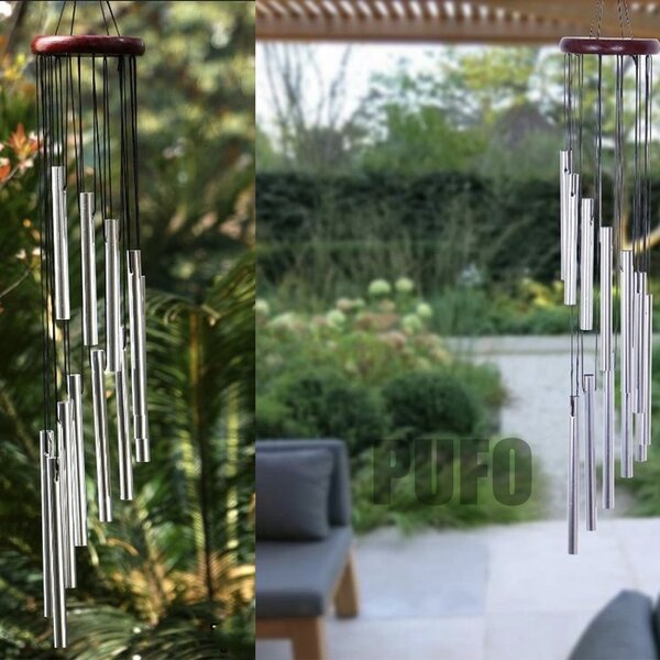 Clopotel de vant cu 12 mini tuburi sonore metalice argintii pentru casa sau gradina, model Feng-Shui