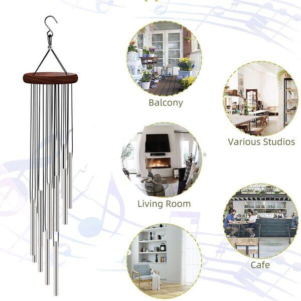 Clopotel de vant cu 12 mini tuburi sonore metalice argintii pentru casa sau gradina, model Feng-Shui
