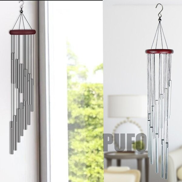 Clopotel de vant cu 12 mini tuburi sonore metalice argintii pentru casa sau gradina, model Feng-Shui