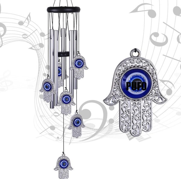 Clopotel de vant cu tuburi sonore metalice argintii pentru casa sau gradina, model Mana lui Fatima