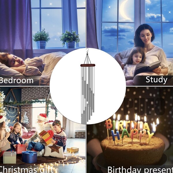 Clopotel de vant cu 12 mini tuburi sonore metalice argintii pentru casa sau gradina, model Feng-Shui