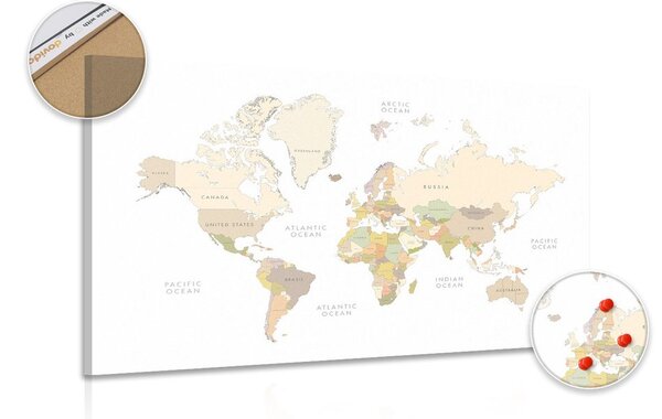 Tablou pe plută harta lumii cu elemente vintage