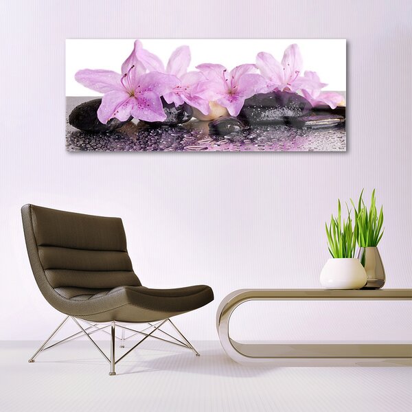 Tablou pe sticla Pietrele florale flori roz negru
