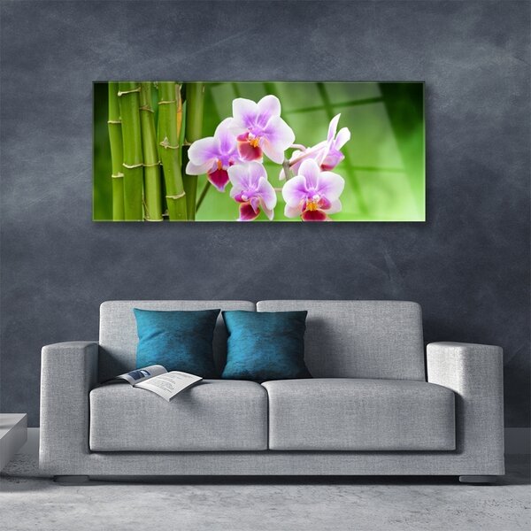 Tablou pe sticla Bamboo Tube Flori Floral Verde Roz