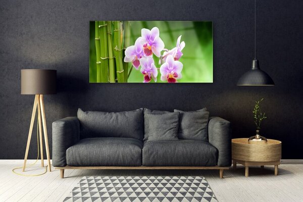 Tablou pe sticla Bamboo Tube Flori Floral Verde Roz