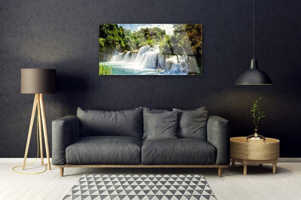 Tablou pe sticla Cascada Copaci Natura Maro Verde Alb Albastru